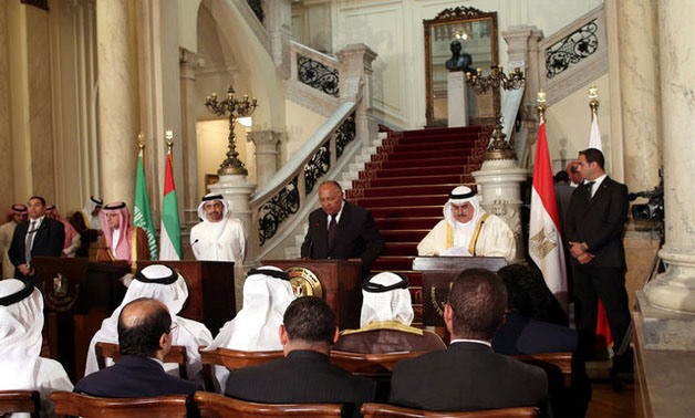 Adel al-Jubeir,  Abdullah bin Zayed al-Nahyan, Sameh Shoukry and  Khalid bin Ahmed al-Khalifa attend a press conference-in Cairo - Reuters
