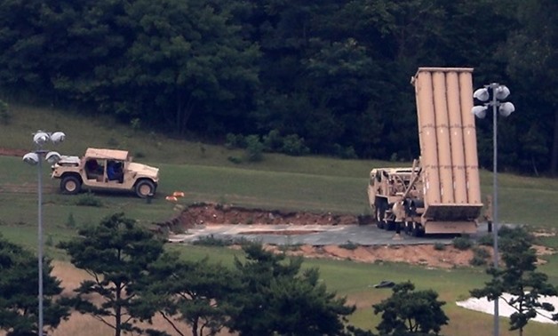 A U.S. missile defense system called Terminal High Altitude Area Defense, or THAAD, is seen at a golf course in Seongju, South Korea, Tuesday, July 4, 2017. (Kim Jun-beom/Yonhap via AP)
