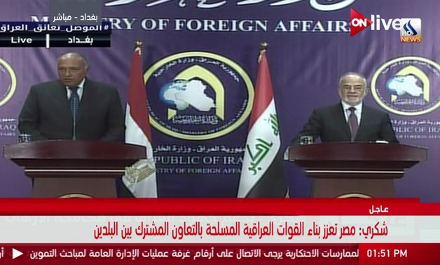 Foreign Affairs Minister Sameh Shoukry attends press conference with his Iraqi counterpart - Screenshot of On live Egypt TV