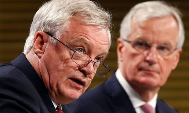 Britain's Secretary of State for Exiting the European Union David Davis and European Union's chief Brexit negotiator Michel Barnier hold a joint news conference after the round of Brexit talks in Brussels, Belgium July 20, 2017.
