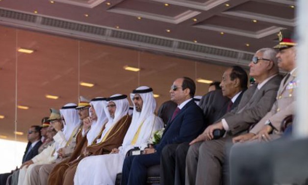 President Abdel Fatah al-Sisi sitting beside Arab leaders during the inauguration of Mohamed Naguib military base.