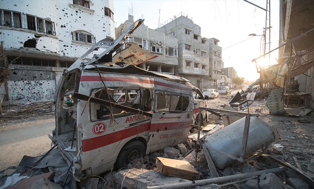 Destroyed ambulance in the CIty of Shijaiyah in the Gaza Strip 2014 - CC via wikimedia.