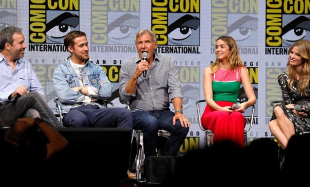 (L-R) Director of the movie Denis Villeneuve and cast members Ryan Gosling, Harrison Ford, Ana de Armas and Sylvia Hoeks participate in a panel for "Blade Runner 2049" 