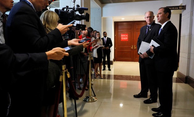 Conaway and Schiff speak to reporters at the conclusion of a closed-door meeting between the House Intelligence Committee and Kushner on Capitol Hill in Washington - Reuters