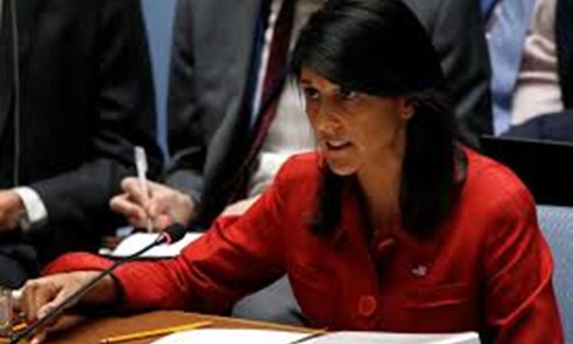 U.S. Ambassador to the United Nations Nikki Haley directs comments to the Russian delegation at the conclusion of a U.N. Security Council meeting to discuss the recent ballistic missile launch by North Korea at U.N. headquarters in New York.
