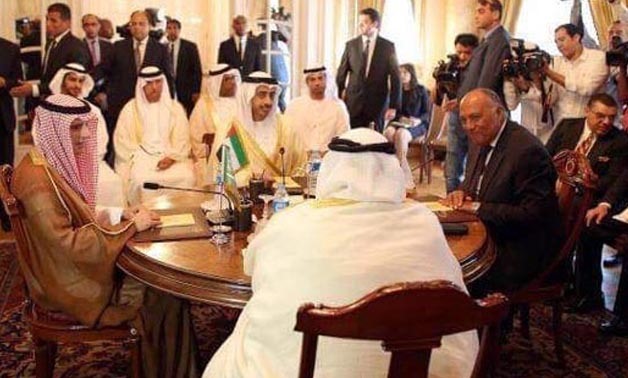  The foreign ministers of Saudi Arabia (left), UAE, Egypt and Bahrain at Tahrir Palace in Cairo