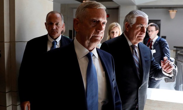 Secretary of Defense James Mattis and Secretary of State Rex Tillerson arrive to brief the Senate Foreign Relations Committee on the ongoing fight against the Islamic State on Capitol Hill in Washington, U.S., August 2, 2017. REUTERS
