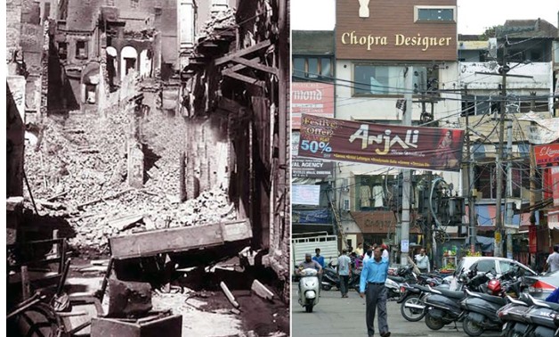 This combination of pictures created shows a photo taken in August 1947 of a destroyed building in the Katra Jaimal Singh area of Amritsar during unrest following the Partition of India and (R) the same scene in Amritsar on June 29, 2017 - AFP
