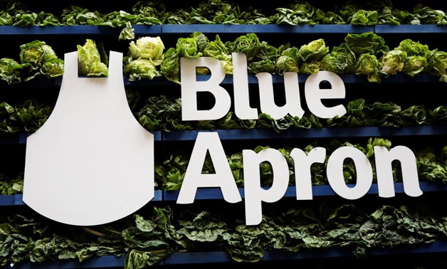 FILE PHOTO: The Blue Apron logo is pictured ahead of the company's IPO on the New York Stock Exchange in New York, U.S., June 29, 2017.
Lucas Jackson/File Photo
