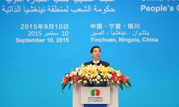 State Councilor and Minister of Public Security Guo Shengkun delivers a keynote speech at the opening ceremony of the China-Arab States Expo 2015 in Yinchuan, capital of northwest China’s Ningxia Hui autonomous region, Sept 10, 2015. CC 
