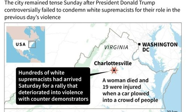 © AFP / by Jerome CARTILLIER | Map of the US state of Virginia locating Charlottesville, where hundreds of white supremacists held a rally on Saturday that deteriorated into violence
