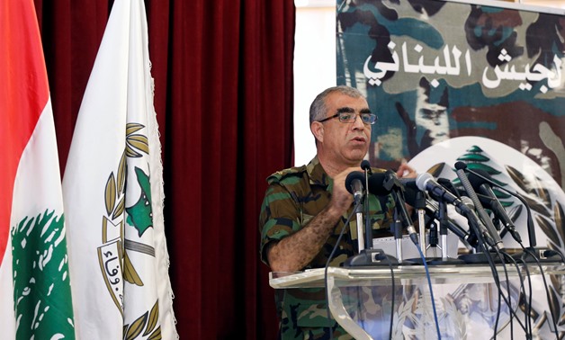 General Ali Kanso gestures as he talks during a news conference at the Ministry of Defense in Yarze Village, east of Beirut, Lebanon August 19, 2017. REUTERS/Mohamed Azakir