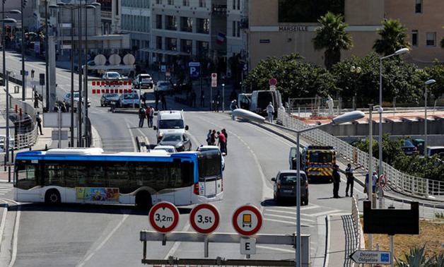 French police secure the area in the French port city of Marseille, France, August 21, 2017 after one person was killed and another injured after a car crashed into two bus shelters, a French police source told Reuters on Monday. REUTERS/Philippe Laurenso