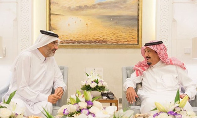  Saudi King Salman bin Abdulaziz (R) meets Qatari Sheikh Abdullah bin Ali bin Abdullah bin Jassem Al Thani (L) in Tangier – Courtesy of CC via Al-Arabiya