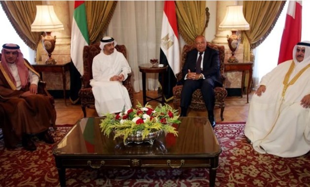 Saudi Foreign Minister Adel al-Jubeir (L), UAE Foreign Minister Abdullah bin Zayed al-Nahyan (C-L), Egyptian Foreign Minister Sameh Shoukry (C-R), and Bahraini Foreign Minister Khalid bin Ahmed al-Khalifa meet to discuss the diplomatic situation with Qata