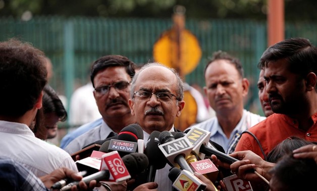 Prashant Bhushan, a senior lawyer, speaks with the media after a verdict on right to privacy outside the Supreme Court in New Delhi, India August 24, 2017.
Adnan Abidi