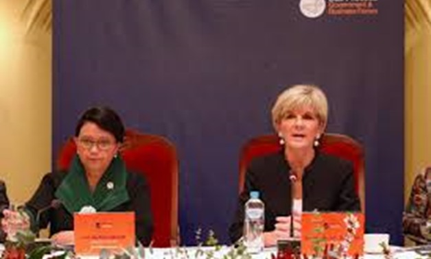 Australian Minister for Foreign Affairs Julie Bishop speaks as she sits next to Indonesia's Foreign Minister Retno Marsudi during the Bali Process Government and Business Forum held in Perth, Australia August 25, 2017. AAP/Richard Wainwright/via REUTERS