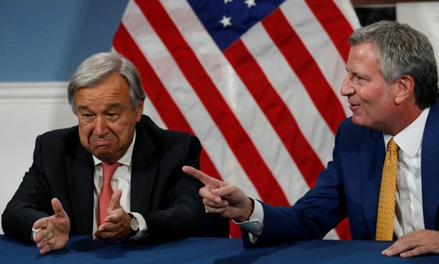 UN Secretary General Antonio Guterres meets with New York City Mayor Bill de Blasio at City Hall in New York - REUTERS