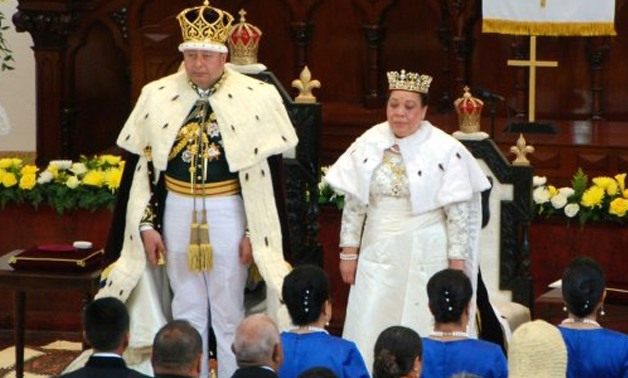 This file photo taken on July 4, 2015 shows the newly crowned King Tupou VI (L) and Queen Nanasipau'u of Tonga(R) standing before the delegation at the Centenary Church in Nuku'alofa. Tonga's King Tupou VI dissolved the Pacific island nation's parliament 