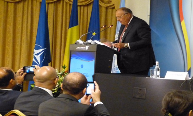 Foreign Minister Sameh Shoukri speaks before the annual Forum of Romanian Ambassadors abroad in Bucharest, Romania, August 29, 2017.