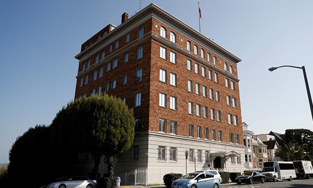 The entrance to the building of the Consulate General of Russia is shown in San Francisco, California, U.S., August 31, 2017.
