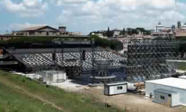 General view of the seating area and the stage at Circus Maximus for socially distanced Rome Opera House's summer performances at Circus Maximus, the ancient chariot racetrack.