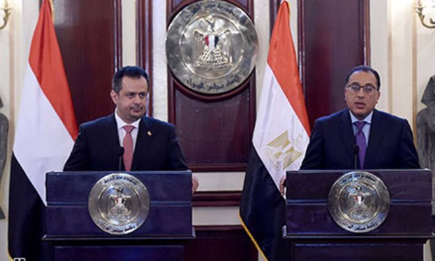 File- Prime Minister Mustafa Madbouli in a press conference with his Yemeni counterpart Maeen Abdulmalik Saeed in Cairo on Sunday.- press photo