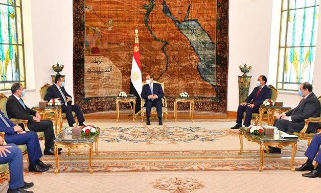 Egyptian President Abdel Fatah el-Sisi meets with Yemeni Prime Minister Maeen Abdulmalik Saeed and his accompanying delegation- Press photo