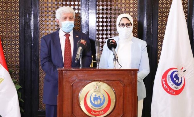 Egyptian Minister of Health and Population Hala Zayed with her counterpart Yemeni Minister of Health Nasser Ba’oom in Egypt, On July 20, 2020- press photo