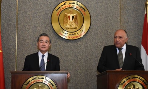File- Egyptian Foreign Minister Sameh Shoukry holds a press conference with his Chinese counterpart, Wang Yi, in Cairo - Courtesy of the Egyptian Foreign Ministry