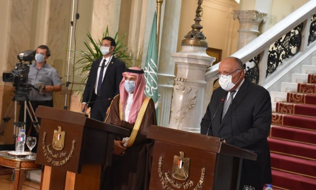 Egypt’s Foreign Minister Sameh Shoukry during press conference with his Saudi counterpart, Monday - Press Photo