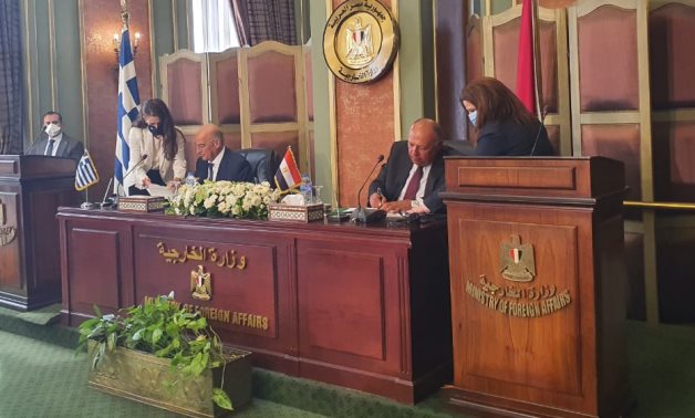Egyptian Foreign Minister Sameh Shoukry and his Greek counterpart, Nikos Dendias announced signing a maritime demarcation agreement, August 6, 2020 – Press photo