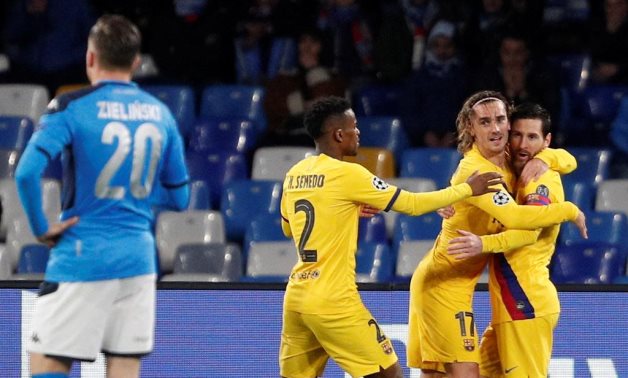 Barcelona players celebrate scoring against Napoli, Reuters 
