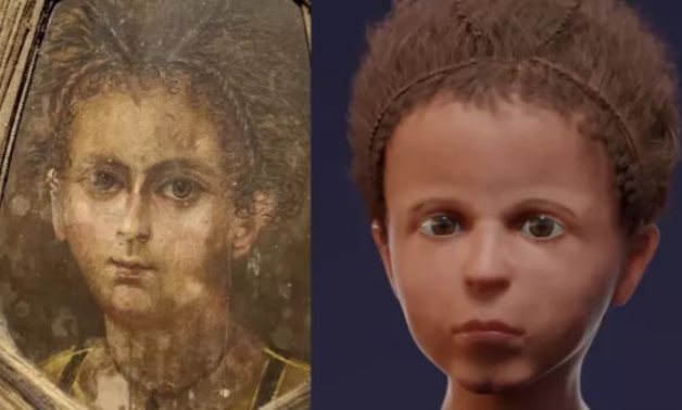 A mummy image of an ancient Egyptian boy next to a 3D facial reconstruction - ET
