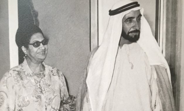 Late Umm Kulthum [R] with Sheikh Zayed bin Sultan Al-Nahyan  during her visit to the UAE - Press photo