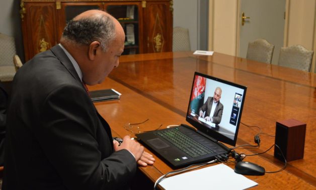 Minister of Foreign Affairs Sameh Shokry talking to Afghan counterpart - Mohammad Hanif Atmar via video-conference on November 17, 2020. Press Photo 