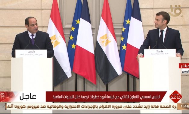 Egyptian President Abdel Fattah El Sisi speaks in a press conference with French counterpart, President Emmanuel Macron in Paris – Screenshot/national TV