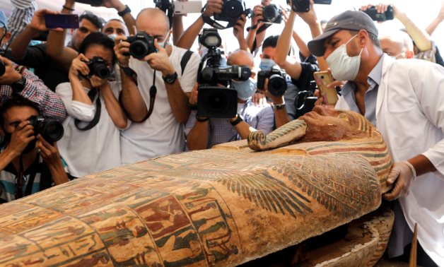 A sarcophagus that is around 2500 years old, is seen inside the newly discovered burial site near Egypt’s Saqqara necropolis, in Giza, Egypt, October 3, 2020. Reuters/Mohamed Abd El Ghany. 