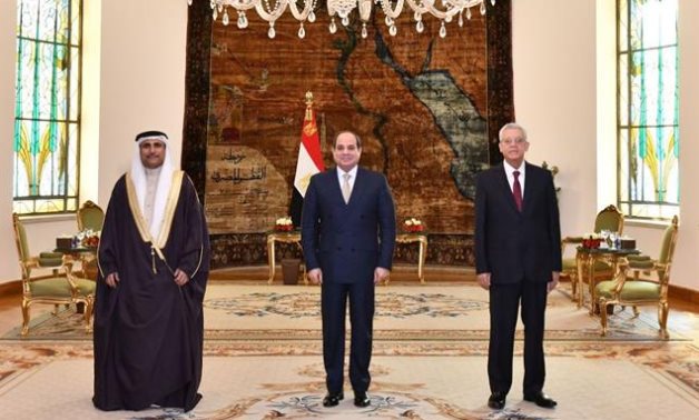 File- President Sisi, Speaker of the House of Representatives Dr. Hanafi Jabali, and Speaker of the Arab Parliament Adel Al Assoumy pose for a photo- press photo