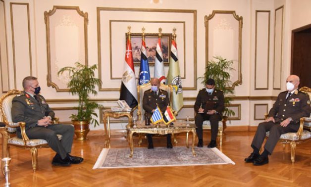 Minister of Defense Mohamed Zaki and Chief of Staff Mohamed Farid in meeting with Chief of the Hellenic National Defense General Staff Konstantinos Floros in Cairo on January 18, 2021. Press Photo 