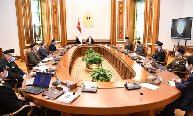 Egypt’s President Abdel Fattah El Sisi meets with meeting with PM Mostafa Madbouly, Interior Minister Mahmoud Tawfik, Defense Minister Mohamed Zaki and top officials - Presidency