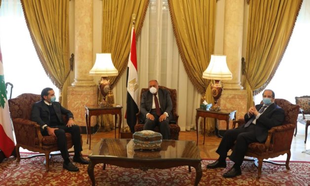 Lebanese Acting Prime Minister Saad al-Hariri in meeting with Minister of Foreign Affairs Sameh Shokry and Chief of General Intelligence Agency Abbas Kamel in Cairo on February 3, 2021. Press Photo