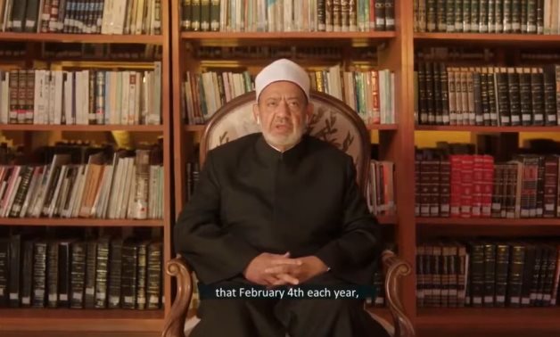 Egypt’s Grand Imam of Al-Azhar Sheikh Ahmed El-Tayyeb delivers a speech to celebrate interfaith Document on Human Fraternity, February 4, 2021 – Screenshot/Al-Azhar