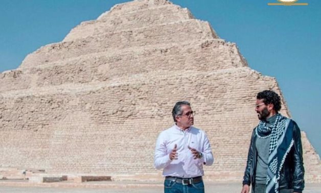 File: Egypt’s Minister of Tourism and Antiquities and Egyptian International star Khaled el Nabawy in Saqqara.