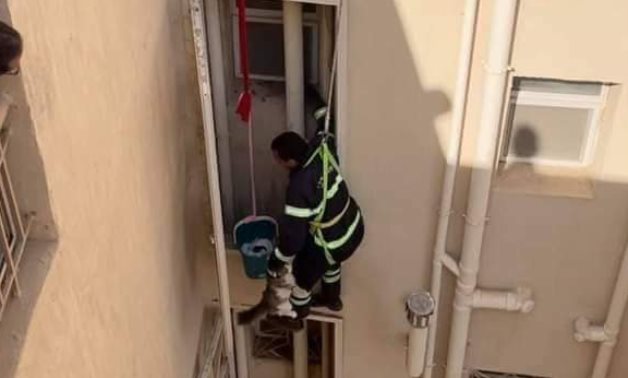 A civil protection unit rescued a cat that had been stuck for a week behind a water pipe in the back of a residential building in New Cairo