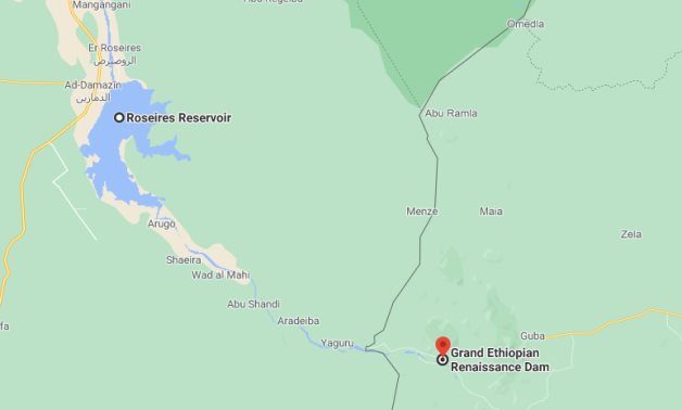A map shows the locations of Roseires reservoir in Sudan and Grand Ethiopian Renaissance Dam- A screenshot of Google Maps