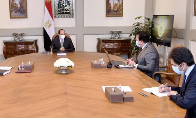 President Abdel Fattah El Sisi meets with Prime Minister Mustafa Mabdouli and Minister of Higher Education Khaled Abdel Ghaffar on Sunday- press photo