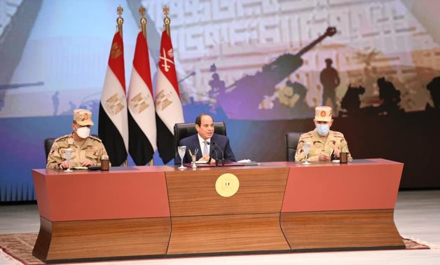 President Abdel Fatah al-Sisi in dialogue with Egyptian Armed Forces personnel on March 9, 2021. Press Photo 
