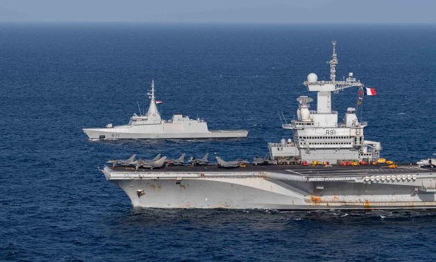 French aircraft carrier Charles de Gaulle participating in joint drills with Egyptian Naval Force in Red Sea in March 2021. Press Photo 