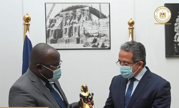 Egypt’s Minister of Tourism& Antiquities meets with Minister of Foreign Affairs of Guinea-Conakry to enhance bilateral cooperation in fields of antiquities.File: 